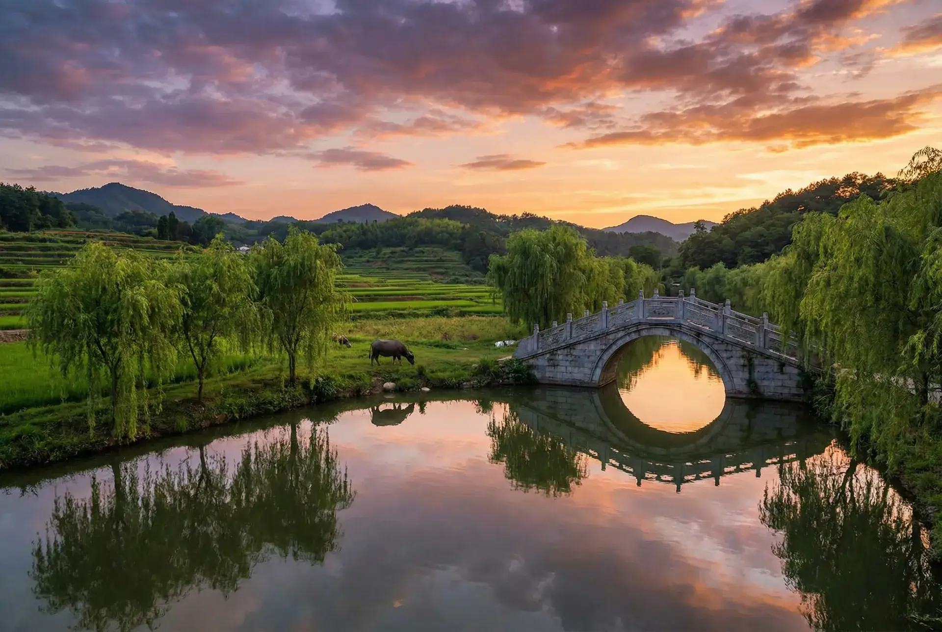 夕阳下的石拱桥与垂柳，水牛在河边吃草 - 这里有精品可以观看 乡村美景